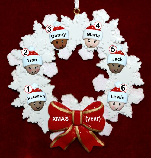 Grandparents Christmas Ornament Celebration Wreath Red Bow 6 Mixed Race Grandkids Personalized FREE at PersonalizedOrnamentsMarket.com by Russell Rhodes