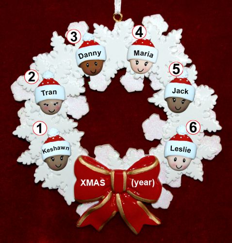 Mixed Race Family of 6 Christmas Ornament Celebration Wreath Red Bow Personalized by RussellRhodes.com