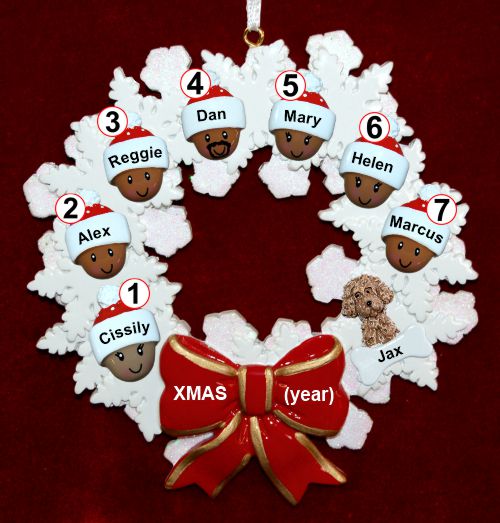 African American Grandparents Christmas Ornament Celebration Wreath Red Bow 7 Grandkids with 1 Dog, Cat, Pets Custom Add-Ons Personalized by RussellRhodes.com