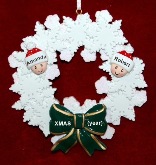 Couples Christmas Ornament Celebration Wreath Green Bow Personalized FREE at PersonalizedOrnamentsMarket.com by Russell Rhodes