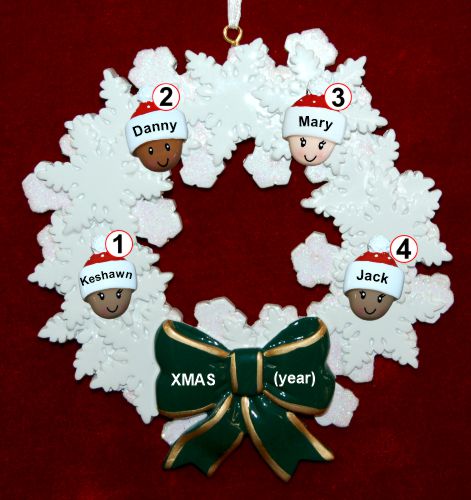 Grandparents Christmas Ornament Celebration Wreath Green Bow 4 Mixed Race Grandkids Personalized by RussellRhodes.com