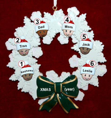 Mixed Race Family of 6 Christmas Ornament Celebration Wreath Green Bow Personalized by RussellRhodes.com