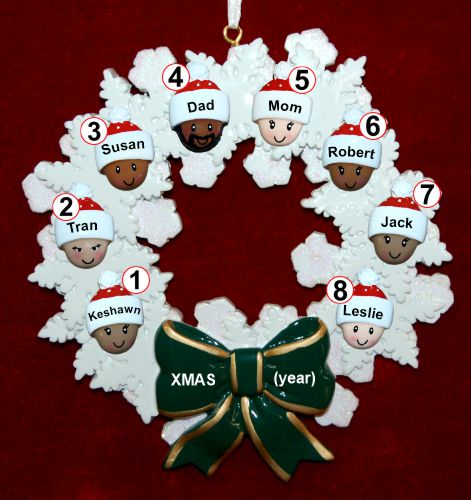 Grandparents Christmas Ornament Celebration Wreath Green Bow 8 Mixed Race Grandkids Personalized by RussellRhodes.com