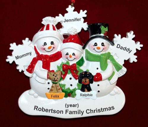 Family Chrstmas Ornament for 3 White Xmas Snowflake with 2 Dogs, Cats, Pets Custom Add-ons Personalized by RussellRhodes.com