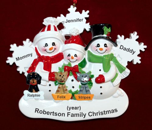 Family Chrstmas Ornament for 3 White Xmas Snowflake with 3 Dogs, Cats, Pets Custom Add-ons Personalized by RussellRhodes.com