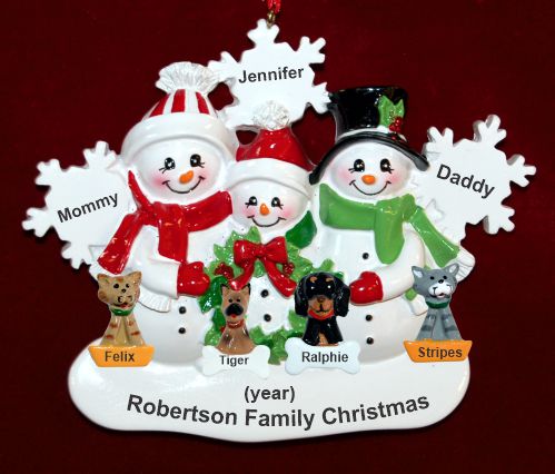 Family Chrstmas Ornament for 3 White Xmas Snowflake with 4 Dogs, Cats, Pets Custom Add-ons Personalized by RussellRhodes.com