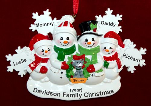 Family Chrstmas Ornament for 4 White Xmas Snowflake with 1 Dog, Cat, Pets Custom Add-ons Personalized FREE at PersonalizedOrnamentsMarket.com by Russell Rhodes