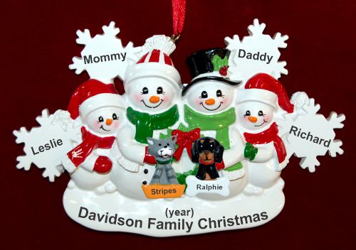 Family Chrstmas Ornament for 4 White Xmas Snowflake with 2 Dogs, Cats, Pets Custom Add-ons Personalized by RussellRhodes.com