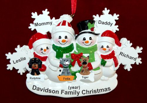 Family Chrstmas Ornament for 4 White Xmas Snowflake with 3 Dogs, Cats, Pets Custom Add-ons Personalized by RussellRhodes.com