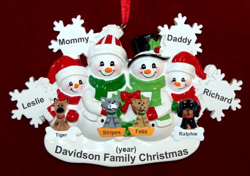 Family Chrstmas Ornament for 4 White Xmas Snowflake with 4 Dogs, Cats, Pets Custom Add-ons Personalized by RussellRhodes.com