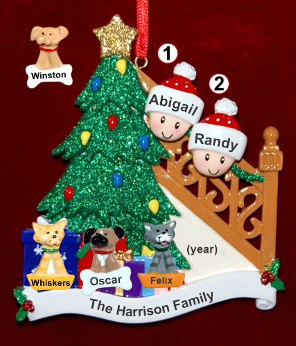 Our Tree Couple Christmas Ornament with 3 Dogs, Cats, Pets Custom Add-ons Personalized by RussellRhodes.com