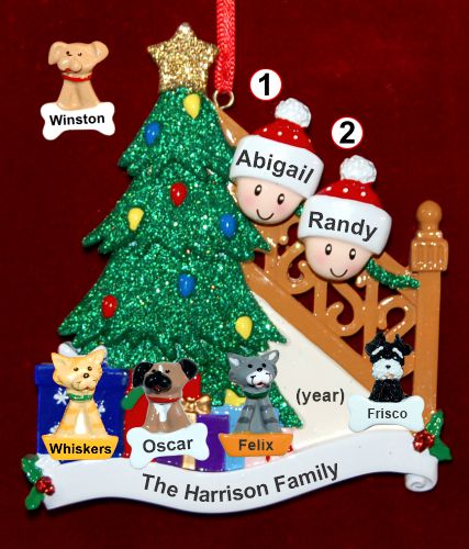 Our Tree Couple Christmas Ornament with 4 Dogs, Cats, Pets Custom Add-ons Personalized by RussellRhodes.com