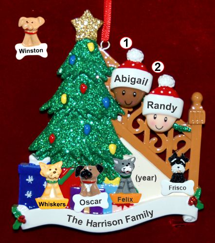 Our Tree Mixed Race BiRacialCouple Christmas Ornament with 4 Dogs, Cats, Pets Custom Add-ons Personalized by RussellRhodes.com