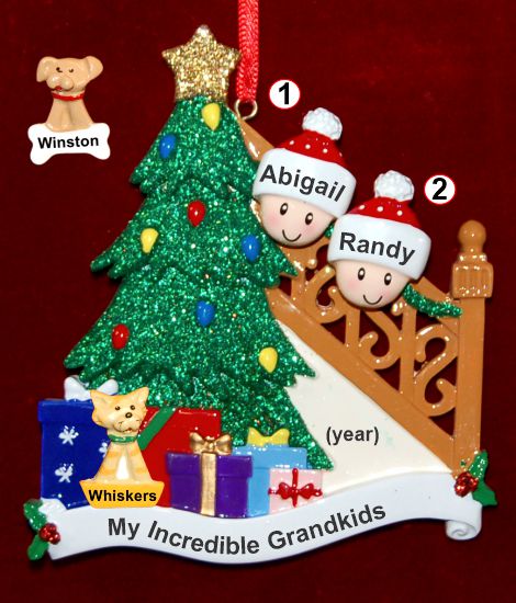 Our Xmas Tree Grandparents Christmas Ornament 2 Grandkids with 1 Dog, Cat, Pets Custom Add-on Personalized by RussellRhodes.com