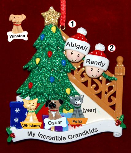 Our Xmas Tree Grandparents Christmas Ornament 2 Grandkids with 3 Dogs, Cats, Pets Custom Add-ons Personalized by RussellRhodes.com