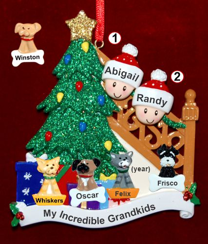 Our Xmas Tree Grandparents Christmas Ornament 2 Grandkids with 4 Dogs, Cats, Pets Custom Add-ons Personalized by RussellRhodes.com