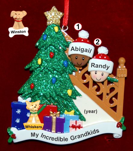 Our Xmas Tree Grandparents Christmas Ornament 2 Grandkids Mixed Race BiRacial with 1 Dog, Cat, Pets Custom Add-on Personalized FREE at PersonalizedOrnamentsMarket.com by Russell Rhodes