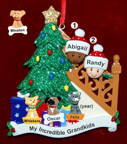 Our Xmas Tree Grandparents Christmas Ornament 2 Grandkids Mixed Race BiRacial with 3 Dogs, Cats, Pets Custom Add-ons Personalized by RussellRhodes.com