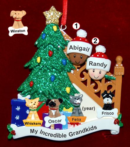 Our Xmas Tree Grandparents Christmas Ornament 2 Grandkids Mixed Race BiRacial with 4 Dogs, Cats, Pets Custom Add-ons Personalized by RussellRhodes.com