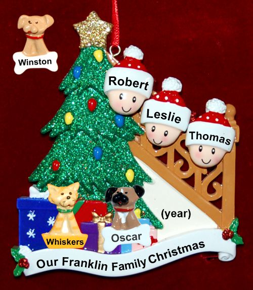 Our Xmas Tree Christmas Ornament for Families of 3 with 2 Dogs, Cats, Pets Custom Add-ons Personalized by RussellRhodes.com