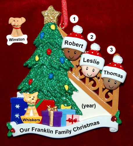 Our Xmas Tree Mixed Race BiRacial Christmas Ornament for Families of 3 with 1 Dog, Cat, Pets Custom Add-on Personalized FREE at PersonalizedOrnamentsMarket.com by Russell Rhodes