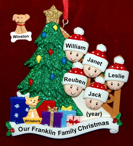 Our Xmas Tree Christmas Ornament for Families of 5 with 1 Dog, Cat, Pets Custom Add-on Personalized by RussellRhodes.com