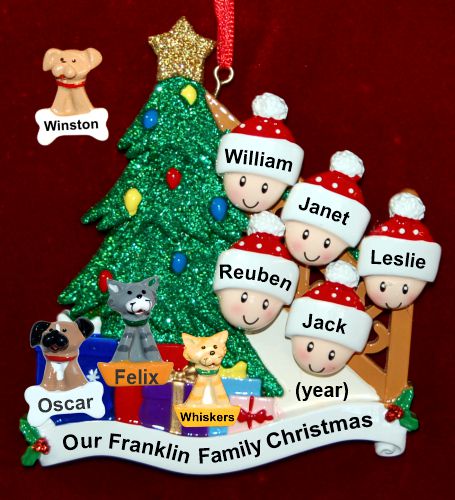 Our Xmas Tree Christmas Ornament for Families of 5 with 3 Dogs, Cats, Pets Custom Add-ons Personalized by RussellRhodes.com