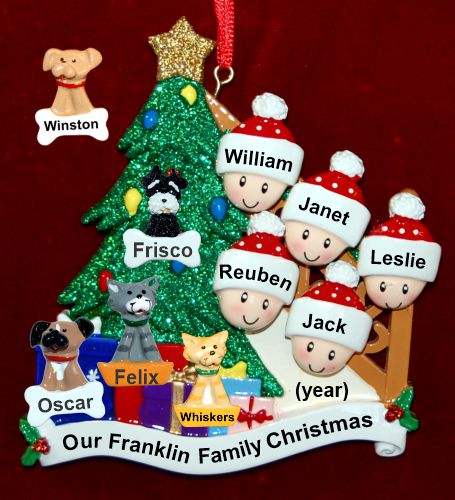 Our Xmas Tree Christmas Ornament for Families of 5 with 4 Dogs, Cats, Pets Custom Add-ons Personalized by RussellRhodes.com