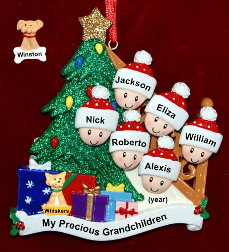 Our Xmas Tree Grandparents Christmas Ornament 6 Grandkids with 1 Dog, Cat, Pets Custom Add-on Personalized FREE at PersonalizedOrnamentsMarket.com by Russell Rhodes