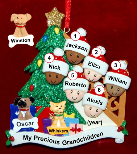 Our Xmas Tree Grandparents Christmas Ornament 6 Grandkids Mixed Race BiRacial with 2 Dogs, Cats, Pets Custom Add-ons Personalized by RussellRhodes.com