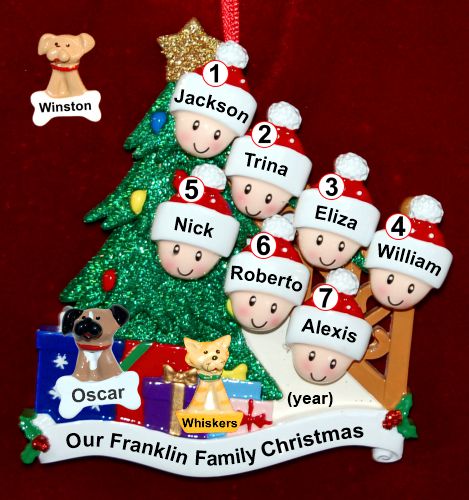 Our Xmas Tree Christmas Ornament for Families of 7 with 2 Dogs, Cats, Pets Custom Add-ons Personalized by RussellRhodes.com