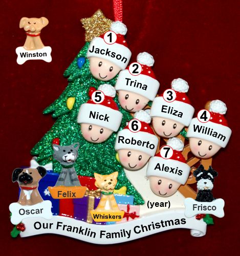 Our Xmas Tree Christmas Ornament for Families of 7 with 4 Dogs, Cats, Pets Custom Add-ons Personalized by RussellRhodes.com