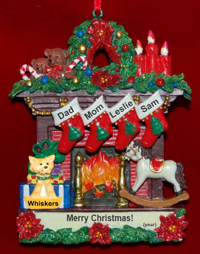 Family Christmas Ornament Fireplace for 4 with Dog, Cat, or Other Pet Custom Add-on Personalized by RussellRhodes.com