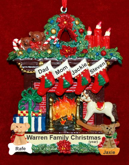 Single Dad Christmas Ornament Fireplace with 3 Children Plus 2 Dogs, Cats, or Other Pets Custom Add-ons Personalized by RussellRhodes.com