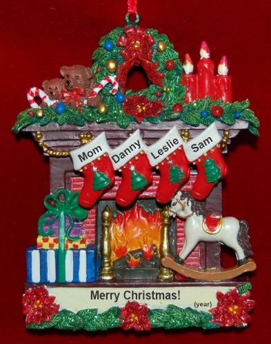 Single Mom Christmas Ornament Fireplace with 3 Children Personalized by RussellRhodes.com