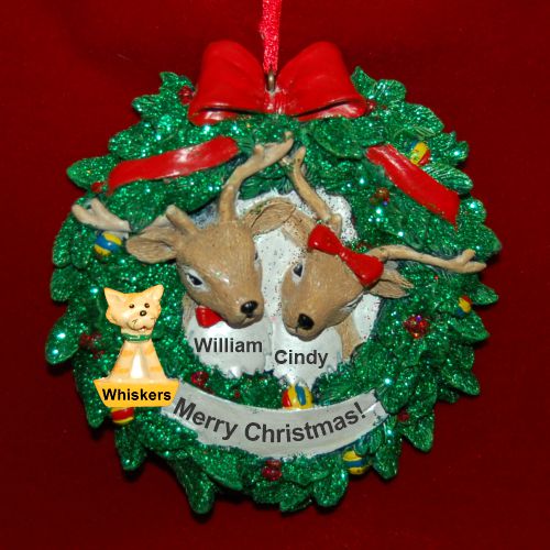 Family Christmas Ornament Reindeer Wreath for 2 with Dog, Cat, or Other Pet Custom Add-on Personalized by RussellRhodes.com