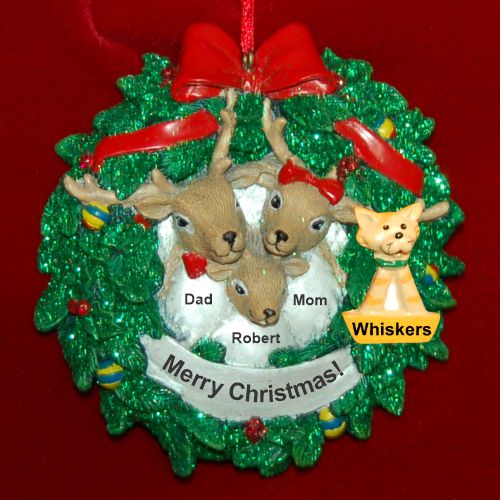 Family Christmas Ornament Reindeer Wreath for 3 with Dog, Cat, or Other Pet Custom Add-on Personalized FREE at PersonalizedOrnamentsMarket.com by Russell Rhodes