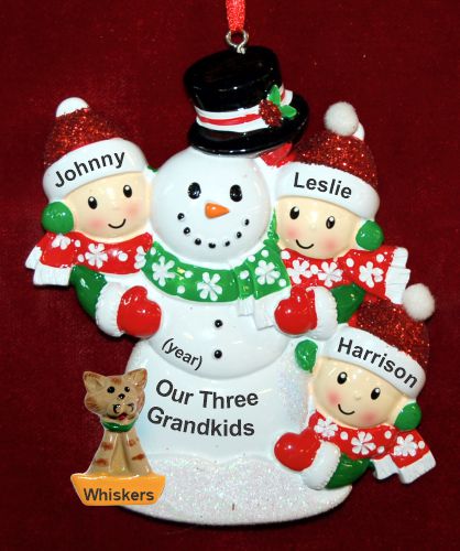 Grandparents Christmas Ornament Happy Snowman 3 Grandkids with 1 Dog, Cat, Pets Custom Add-on Personalized by RussellRhodes.com