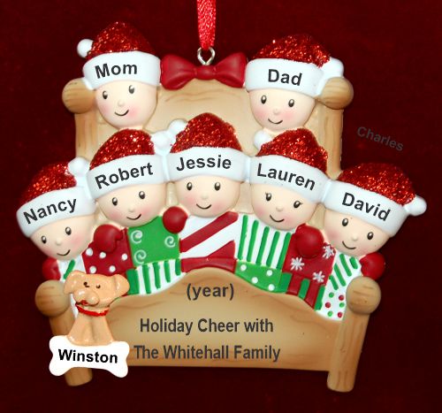 Family Christmas Ornament 4-Poster Fun for 7 with 1 Dog, Cat, Pets Custom Added Personalized by RussellRhodes.com