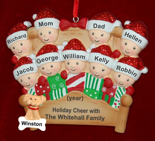 Family Christmas Ornament 4-Poster Fun for 9 with 1 Dog, Cat, Pets Custom Added Personalized FREE at PersonalizedOrnamentsMarket.com by Russell Rhodes