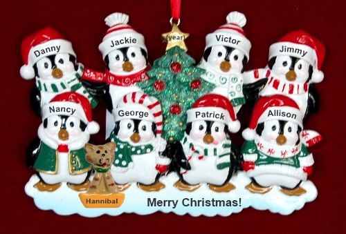 Family Christmas Ornament Winter Penguins for 8 with 1 Dog, Cat, Pets Custom Add-ons Personalized by RussellRhodes.com