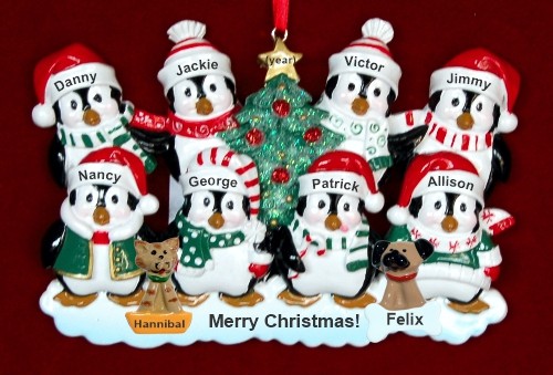 Family Christmas Ornament Winter Penguins for 8 with 2 Dogs, Cats, Pets Custom Add-ons Personalized by RussellRhodes.com