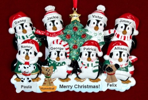 Family Christmas Ornament Winter Penguins for 8 with 3 Dogs, Cats, Pets Custom Add-ons Personalized by RussellRhodes.com