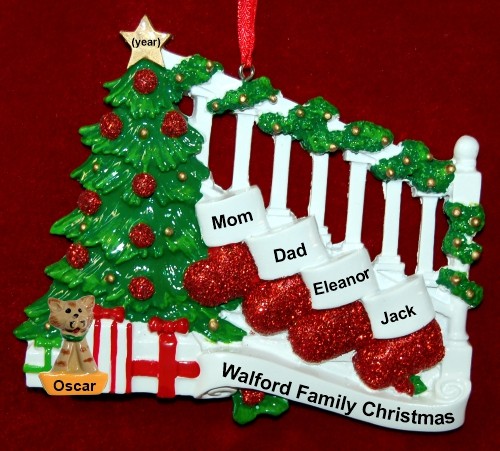 Family Christmas Ornament Holiday Banister for 4 with 1 Dog, Cat, Pets Custom Add-ons Personalized by RussellRhodes.com