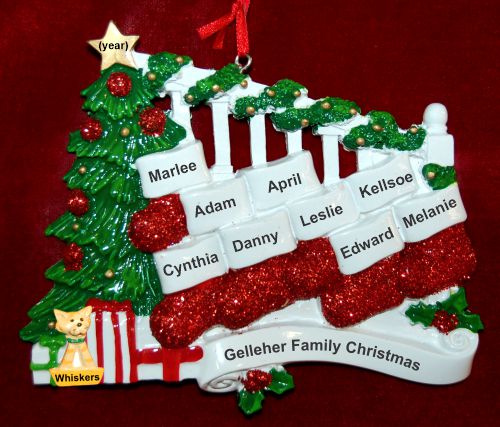 Family Christmas Ornament Holiday Banister for 9 with 1 Dog, Cat, Pets Custom Add-ons Personalized by RussellRhodes.com