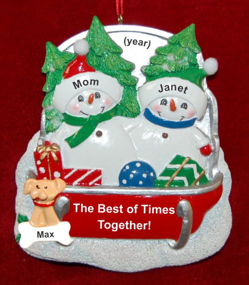 Single Mom Christmas Ornament Sledding Fun 1 Child with Dogs, Cats, Pets Custom Add-ons Personalized by RussellRhodes.com