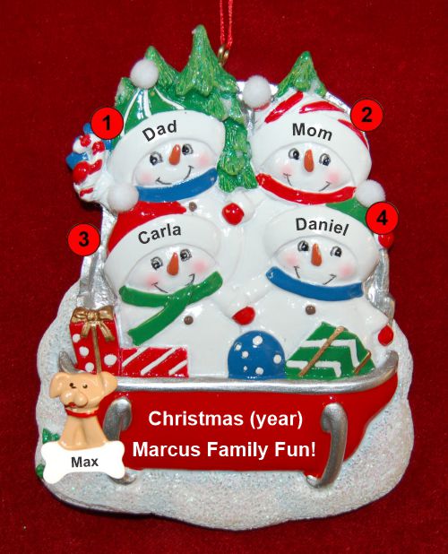 Family Christmas Ornament Sledding Fun for 4 with Dogs, Cats, Pets Custom Add-ons Personalized by RussellRhodes.com