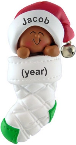 Bundled Up Baby African American Christmas Ornament Personalized FREE at PersonalizedOrnamentsMarket.com by Russell Rhodes