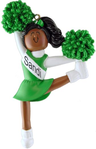 African American Cheerleader Christmas Ornament Green Uniform Personalized FREE at PersonalizedOrnamentsMarket.com by Russell Rhodes