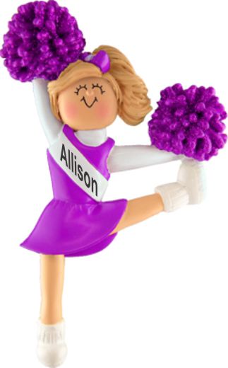 Cheerleader Christmas Ornament Blond Female Purple Uniform Personalized FREE at PersonalizedOrnamentsMarket.com by Russell Rhodes